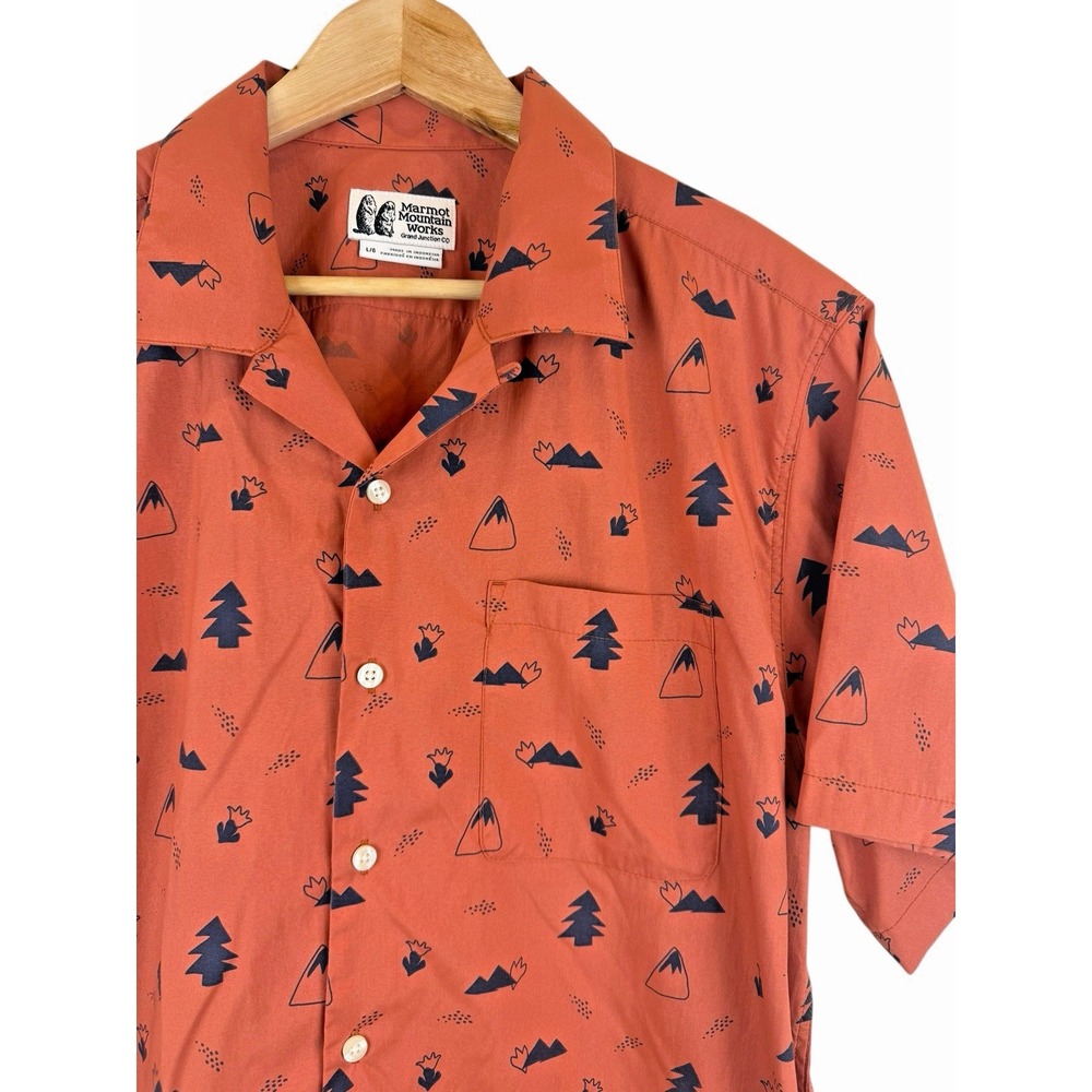 Marmot Mountain Works Muir Camp Shirt‎ Men's L Auburn w/Navy Print S/S